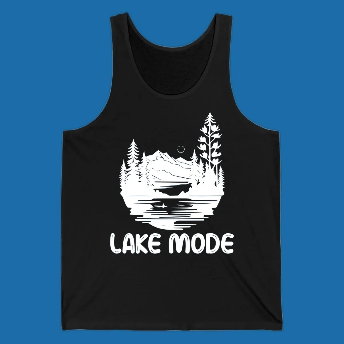 Lake mode mountain landscape with trees and moon, text 'LAKE MODE'.