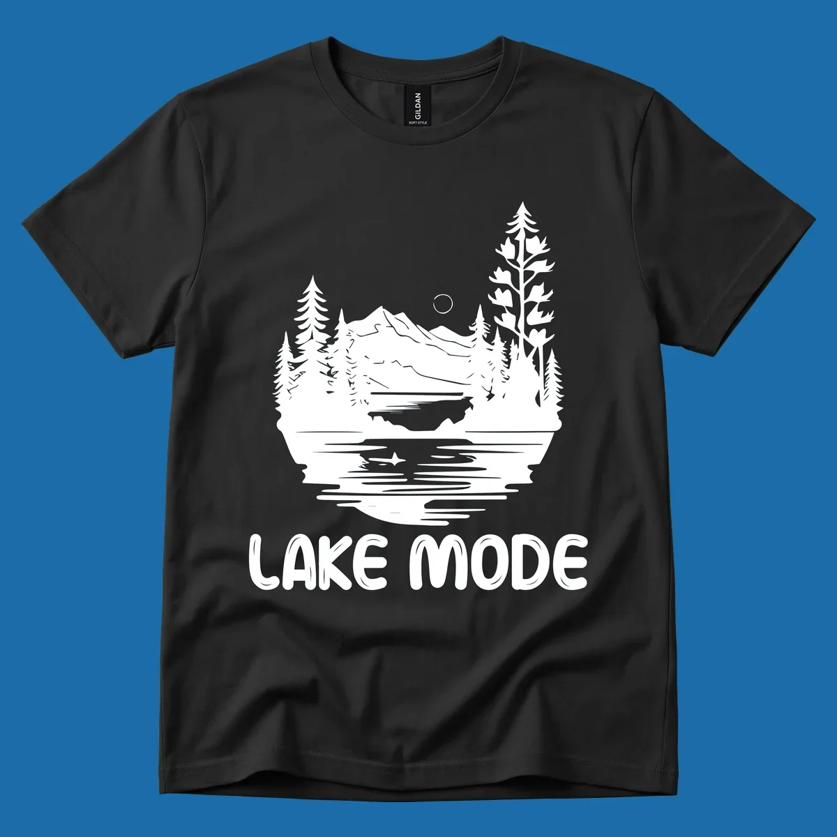 Lake mode mountain landscape with trees and moon, text 'LAKE MODE'.