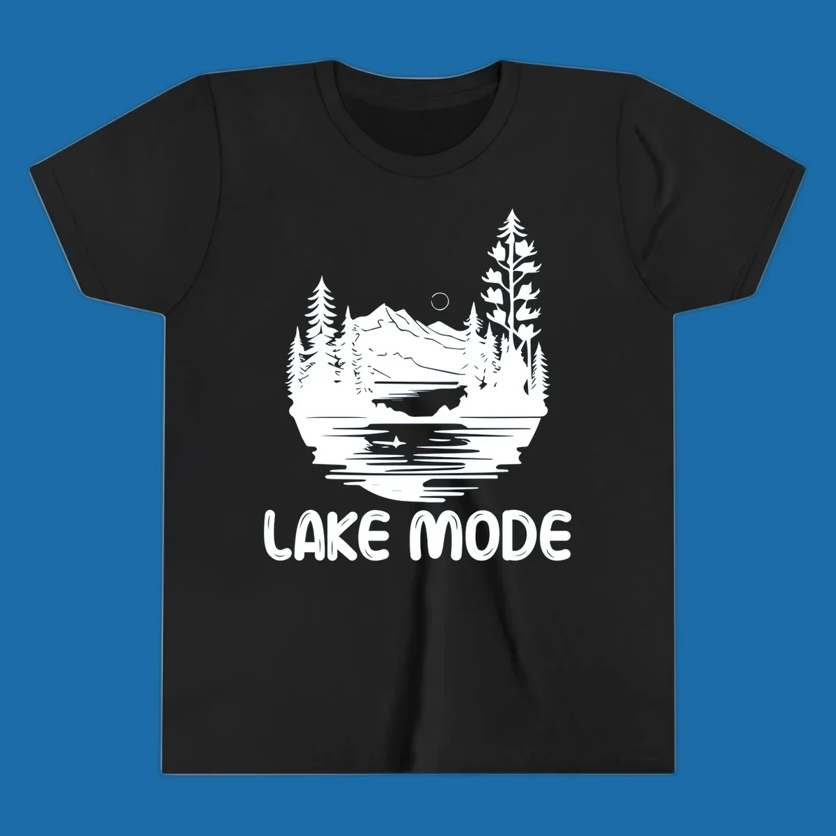 Lake mode mountain landscape with trees and moon, text 'LAKE MODE'.