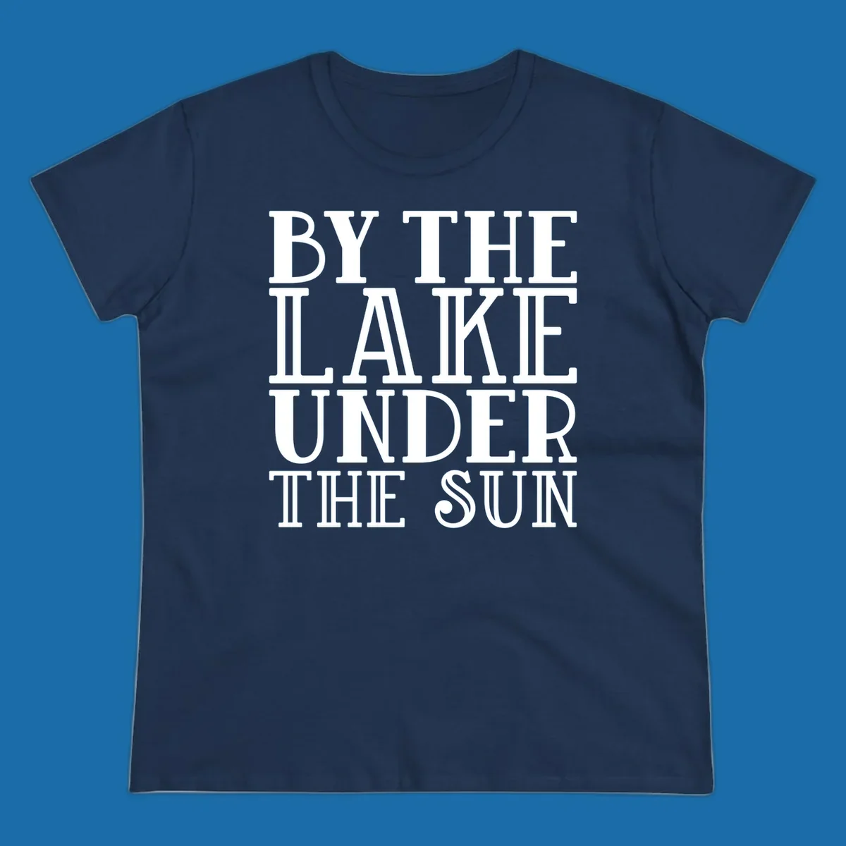 Text design 'BY THE LAKE UNDER THE SUN' in white serif font.