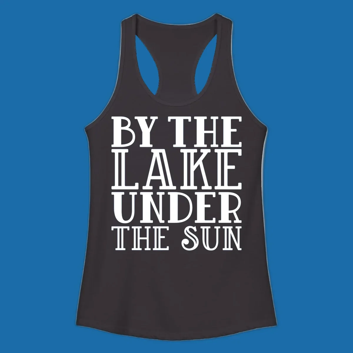 Text design 'BY THE LAKE UNDER THE SUN' in white serif font.