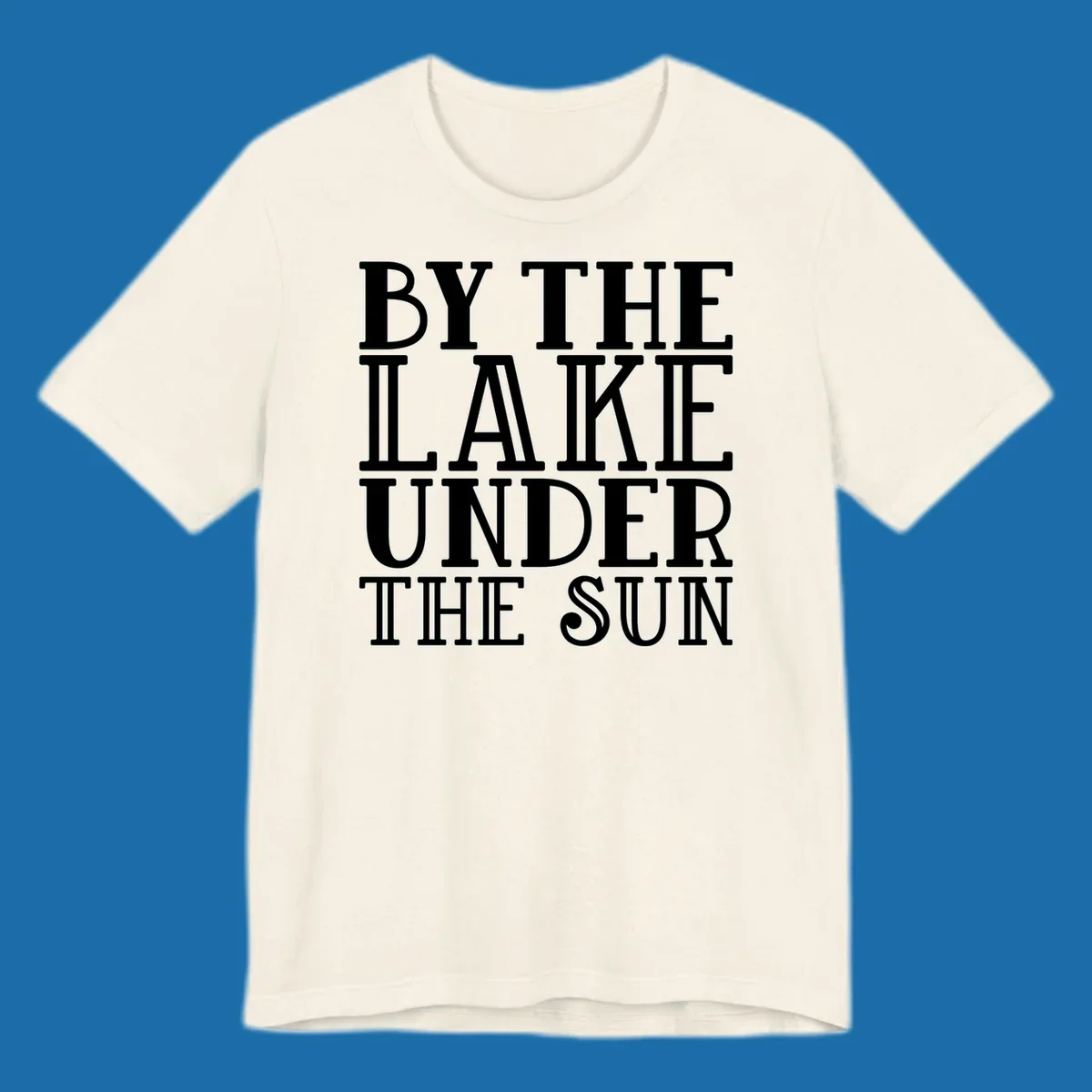 Text design 'BY THE LAKE UNDER THE SUN' in white serif font.