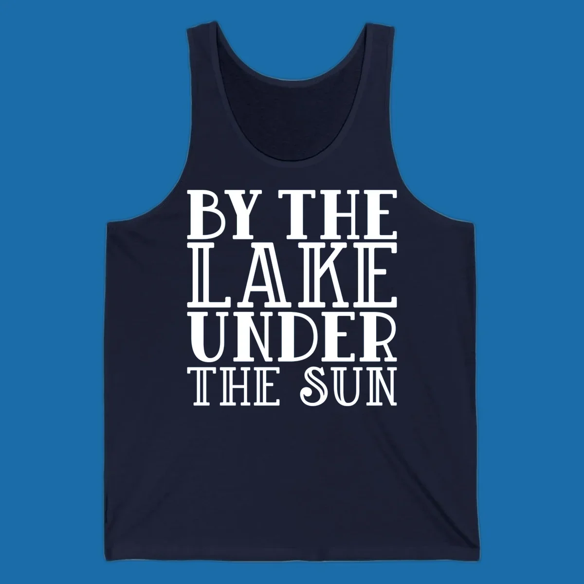 Text design 'BY THE LAKE UNDER THE SUN' in white serif font.