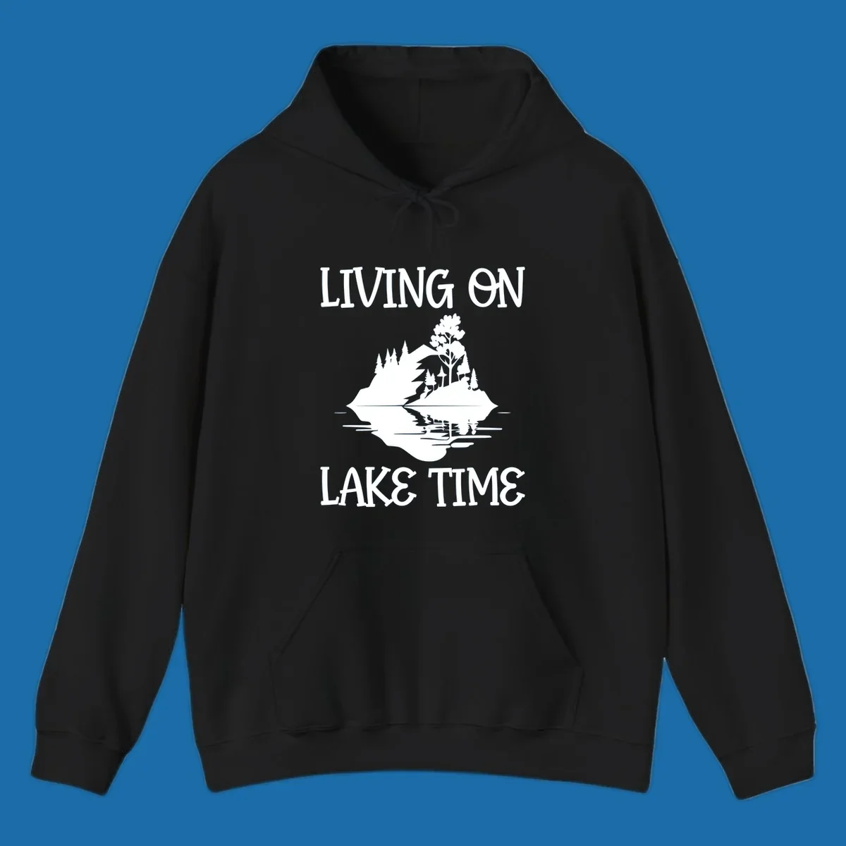 Living on lake time design with island trees mountains and water reflection.