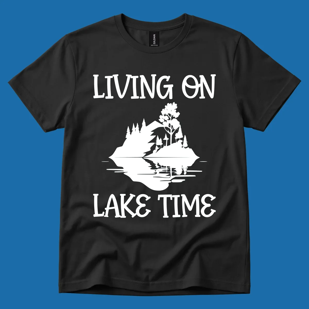 Living on lake time design with island trees mountains and water reflection.