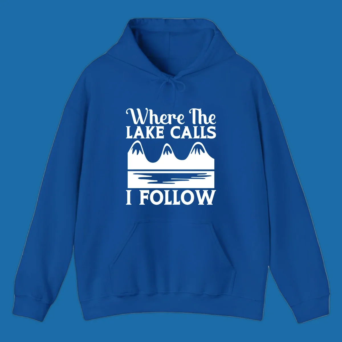 Mountains and lake graphic with text 'Where The LAKE CALLS I FOLLOW'.
