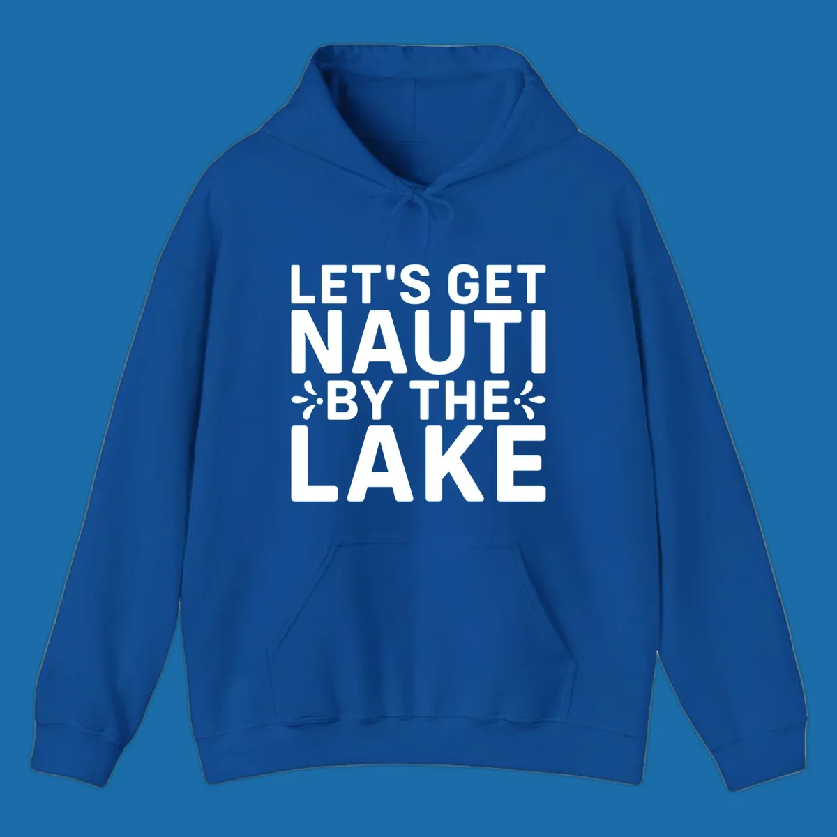 Let's Get Nauti By The Lake text design with decorative splashes.