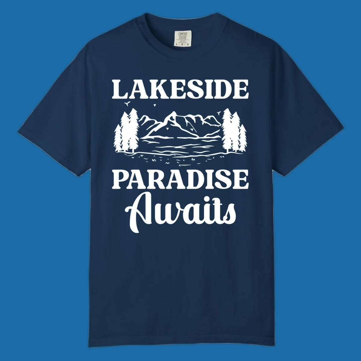 Lakeside Paradise Awaits text with mountain and tree graphic