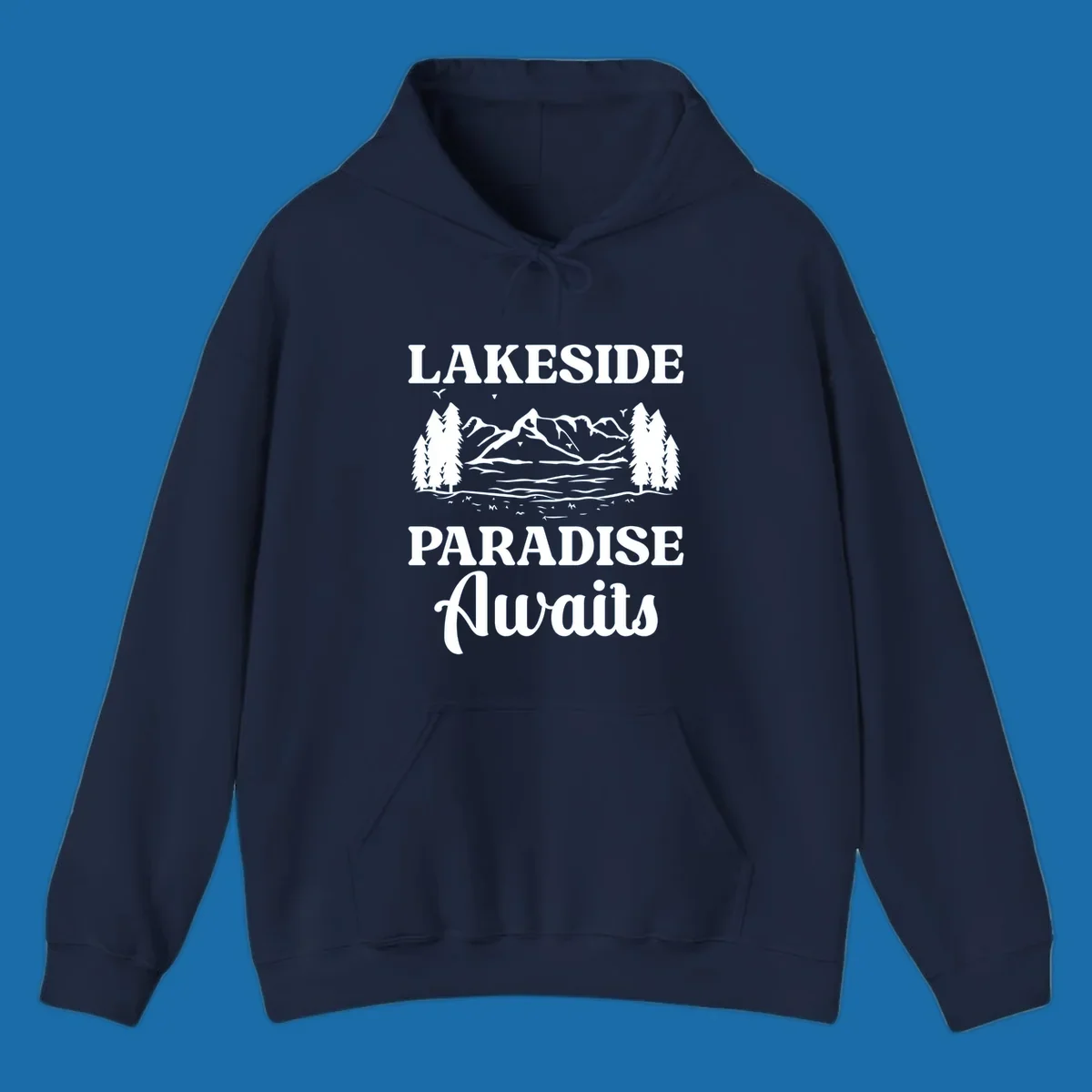 Lakeside Paradise Awaits text with mountain and tree graphic
