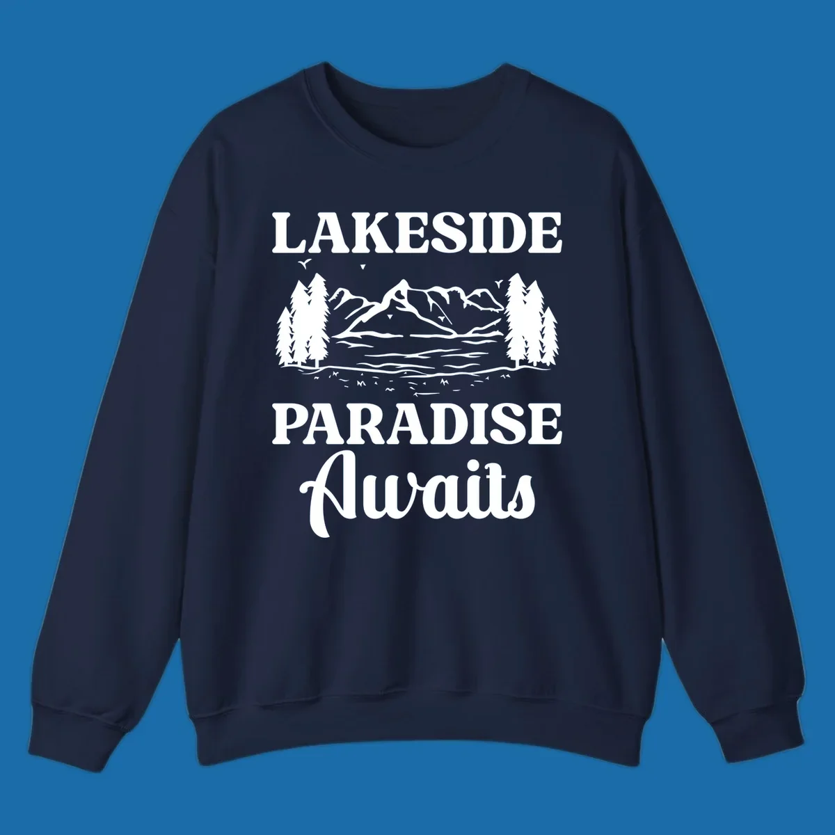 Lakeside Paradise Awaits text with mountain and tree graphic