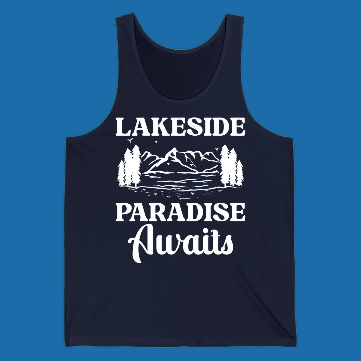 Lakeside Paradise Awaits text with mountain and tree graphic