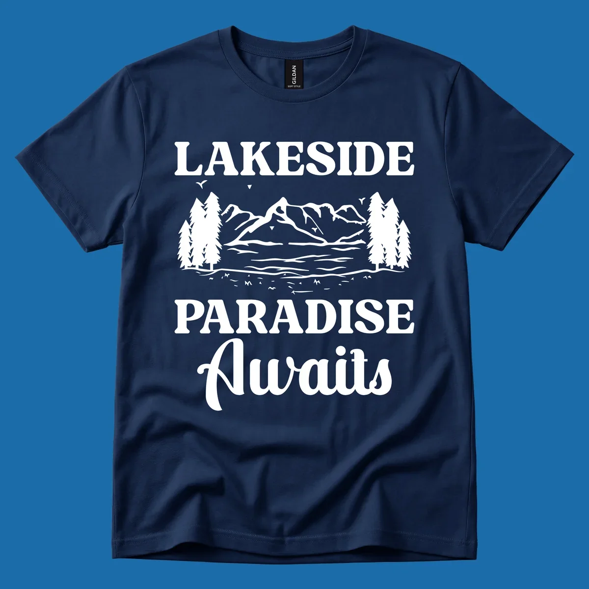 Lakeside Paradise Awaits text with mountain and tree graphic