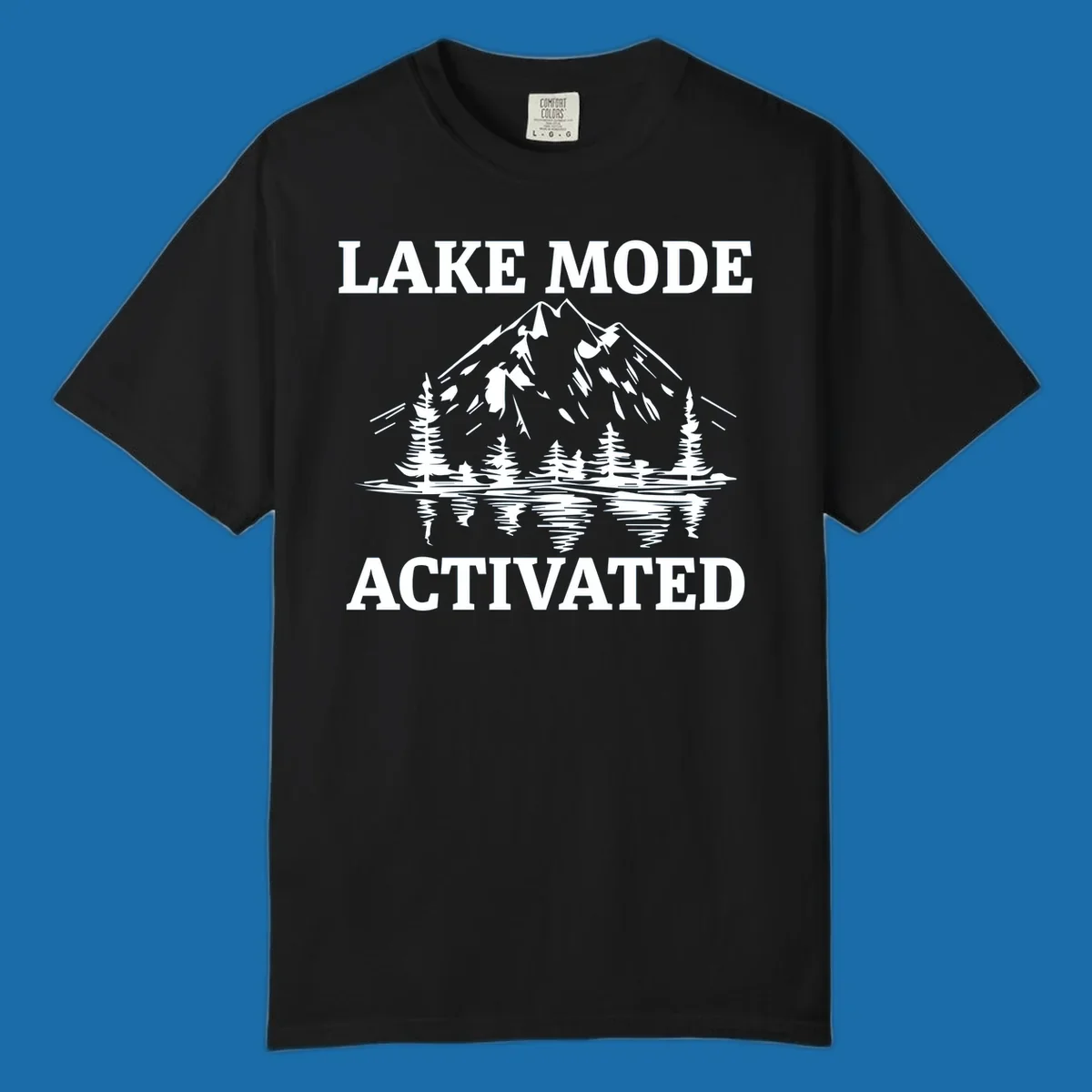 Lake Mode Activated text with mountain, pine trees, and lake reflection graphic.
