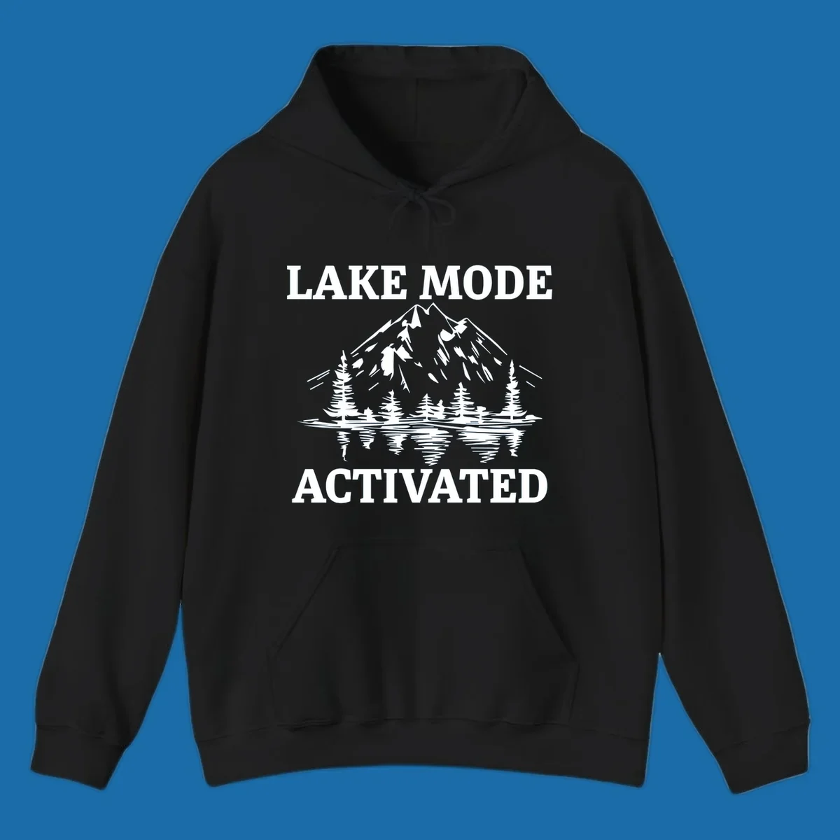 Lake Mode Activated text with mountain, pine trees, and lake reflection graphic.