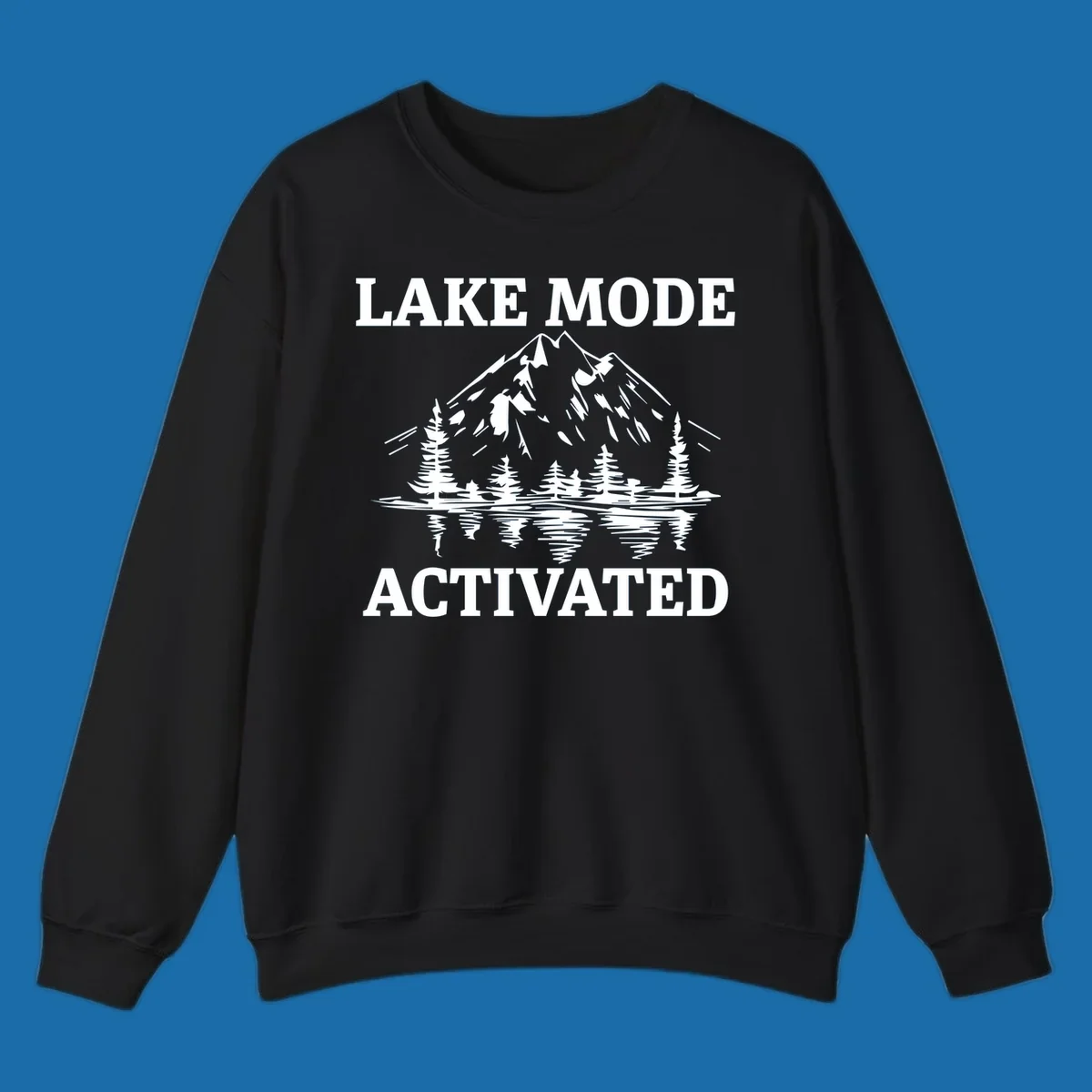Lake Mode Activated text with mountain, pine trees, and lake reflection graphic.
