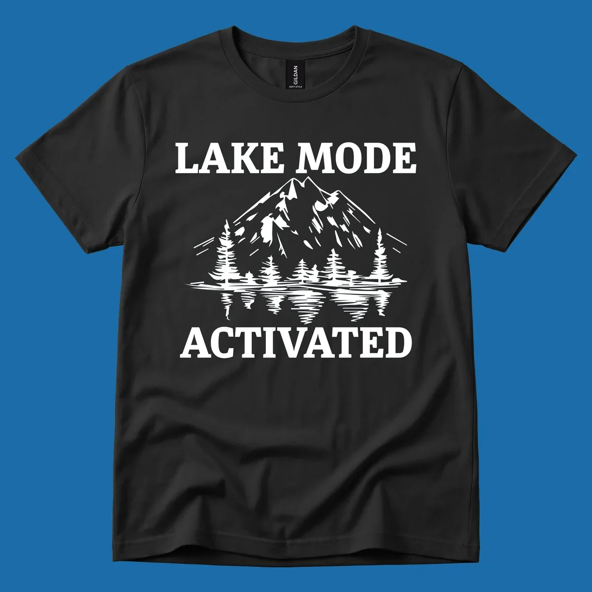 Lake Mode Activated text with mountain, pine trees, and lake reflection graphic.