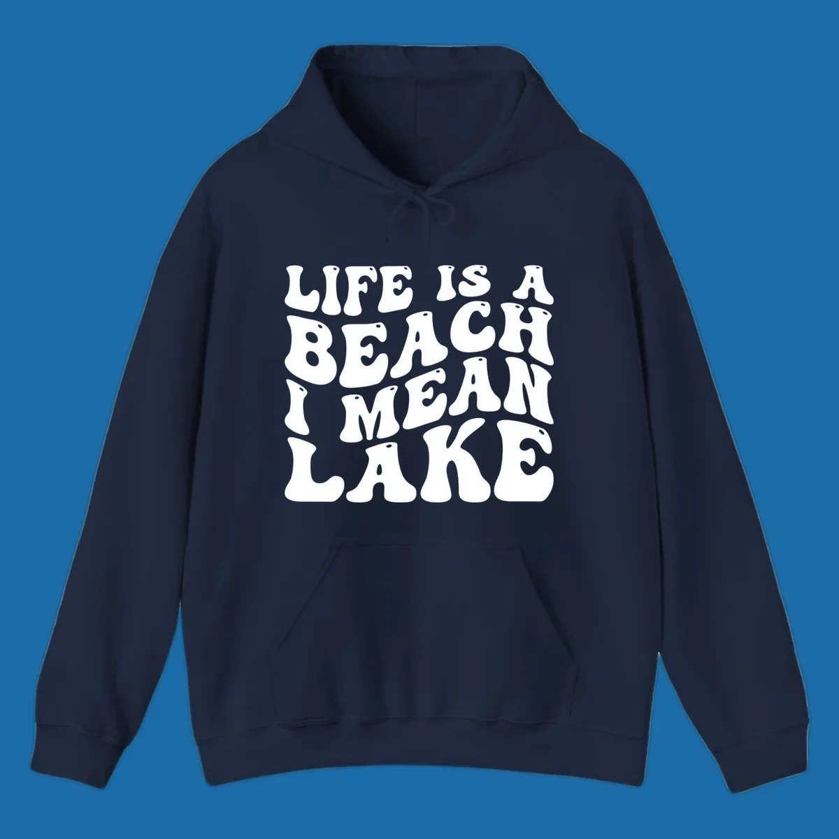 Retro typography design with the phrase "LIFE IS A BEACH I MEAN LAKE" for lake-themed apparel.