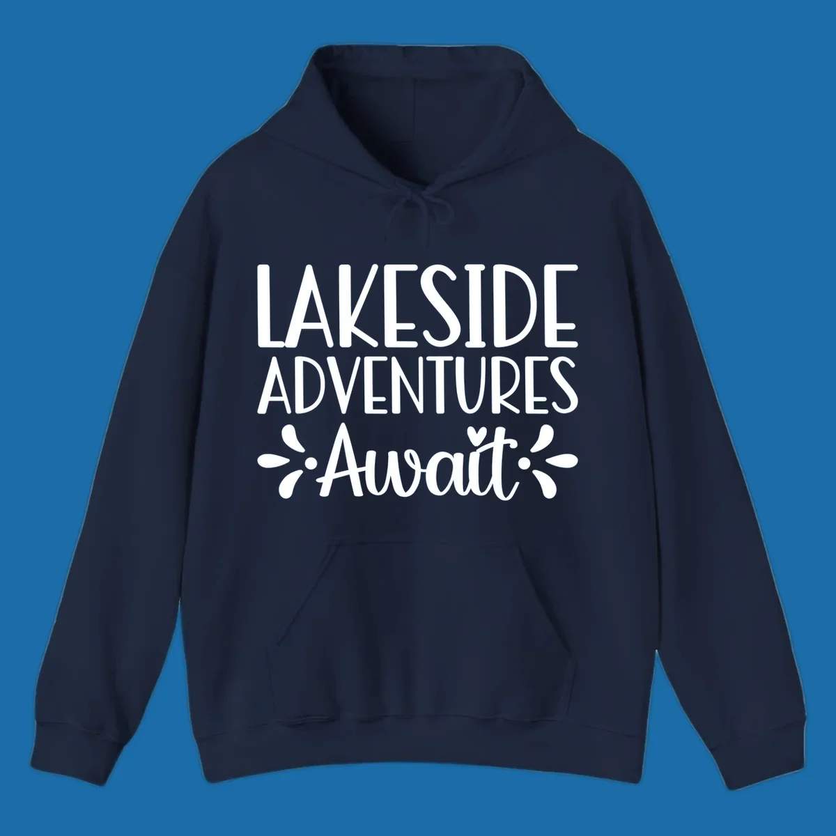 Lakeside adventures await text design with floral accents and a heart.