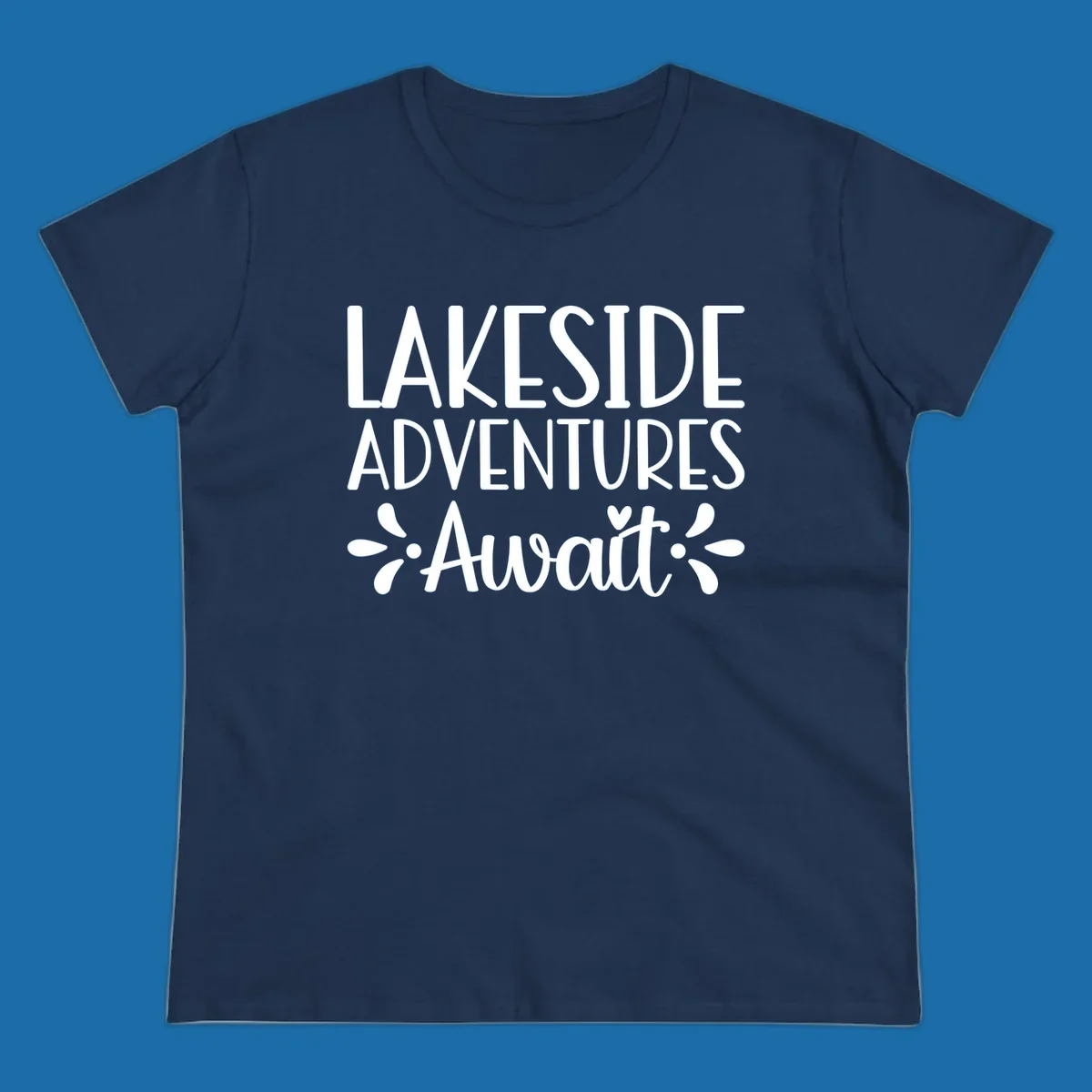 Lakeside adventures await text design with floral accents and a heart.
