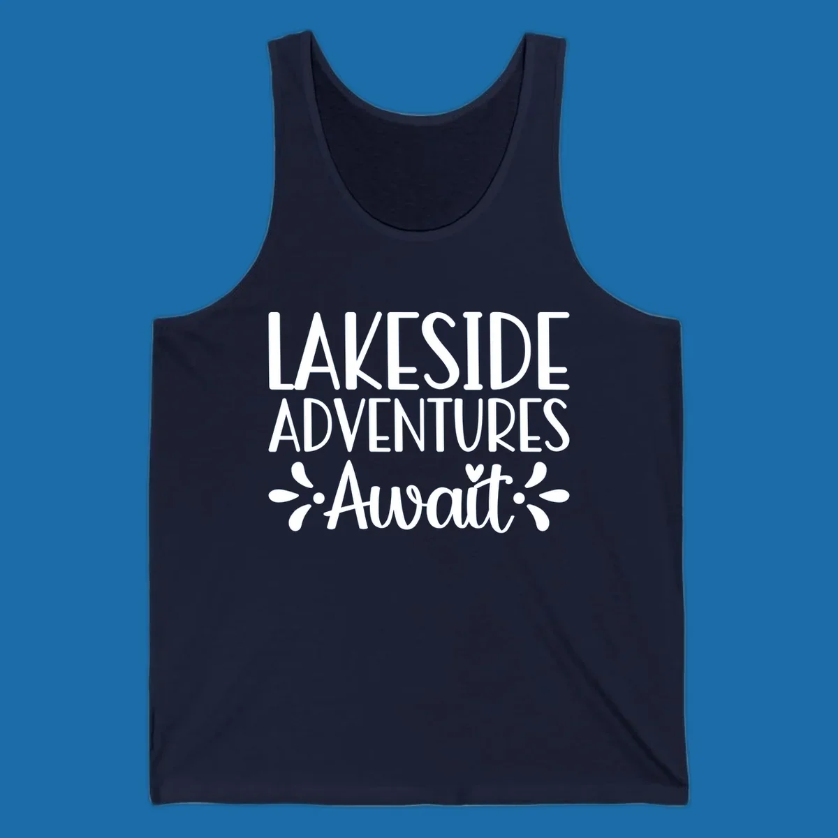 Lakeside adventures await text design with floral accents and a heart.