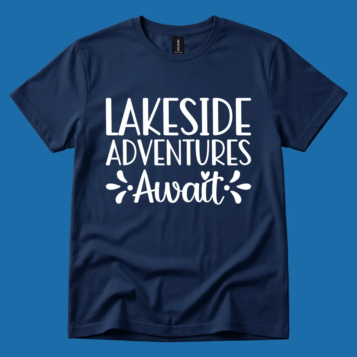 Lakeside adventures await text design with floral accents and a heart.