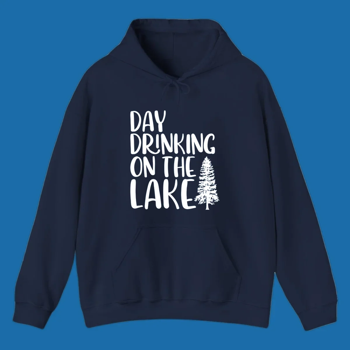 Day Drinking On The Lake graphic with text and a pine tree.