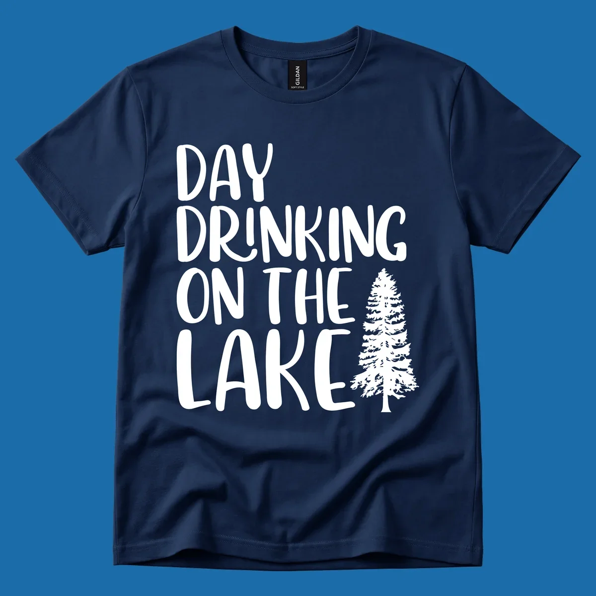 Day Drinking On The Lake graphic with text and a pine tree.
