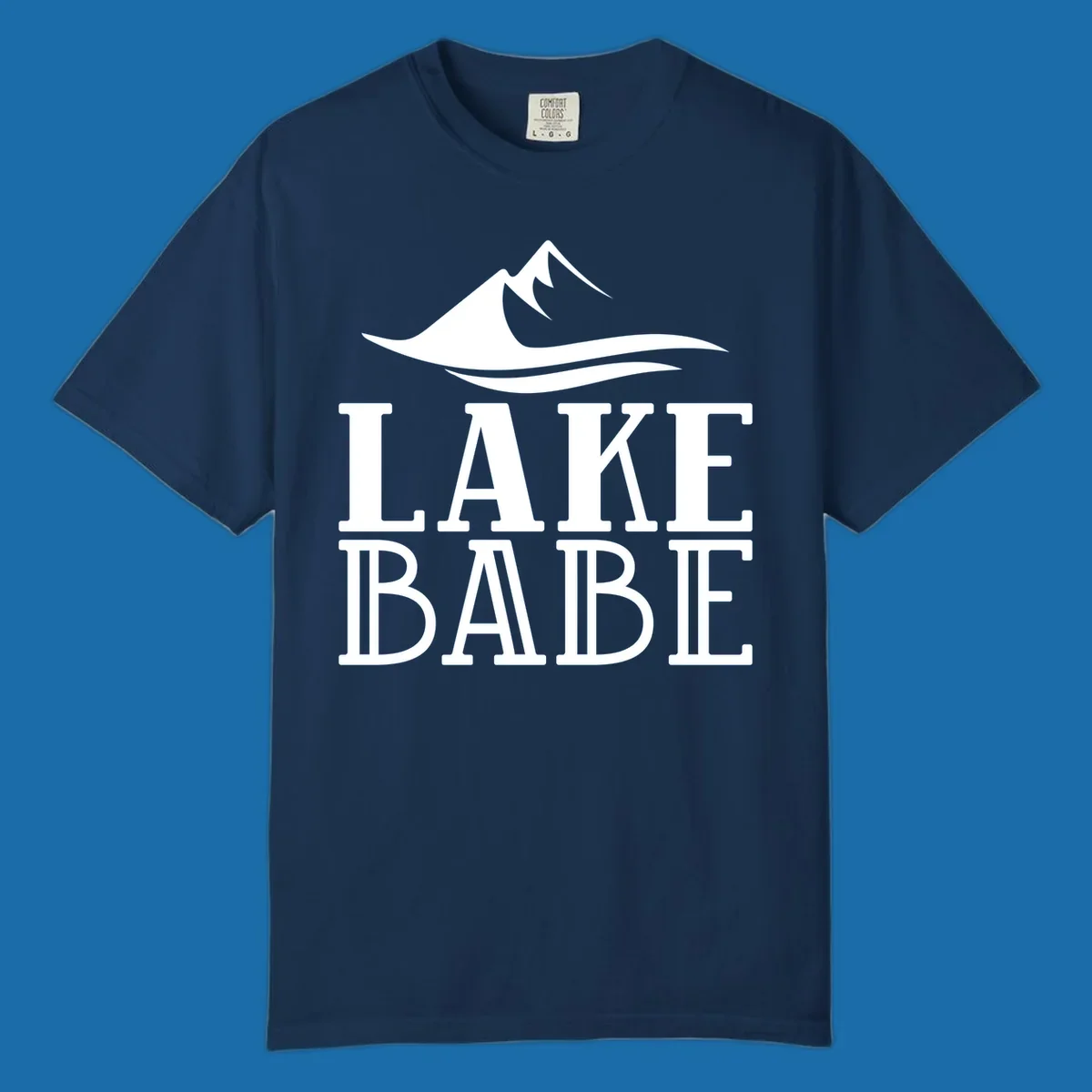 Lake Babe mountain wave graphic design with white text and illustration.