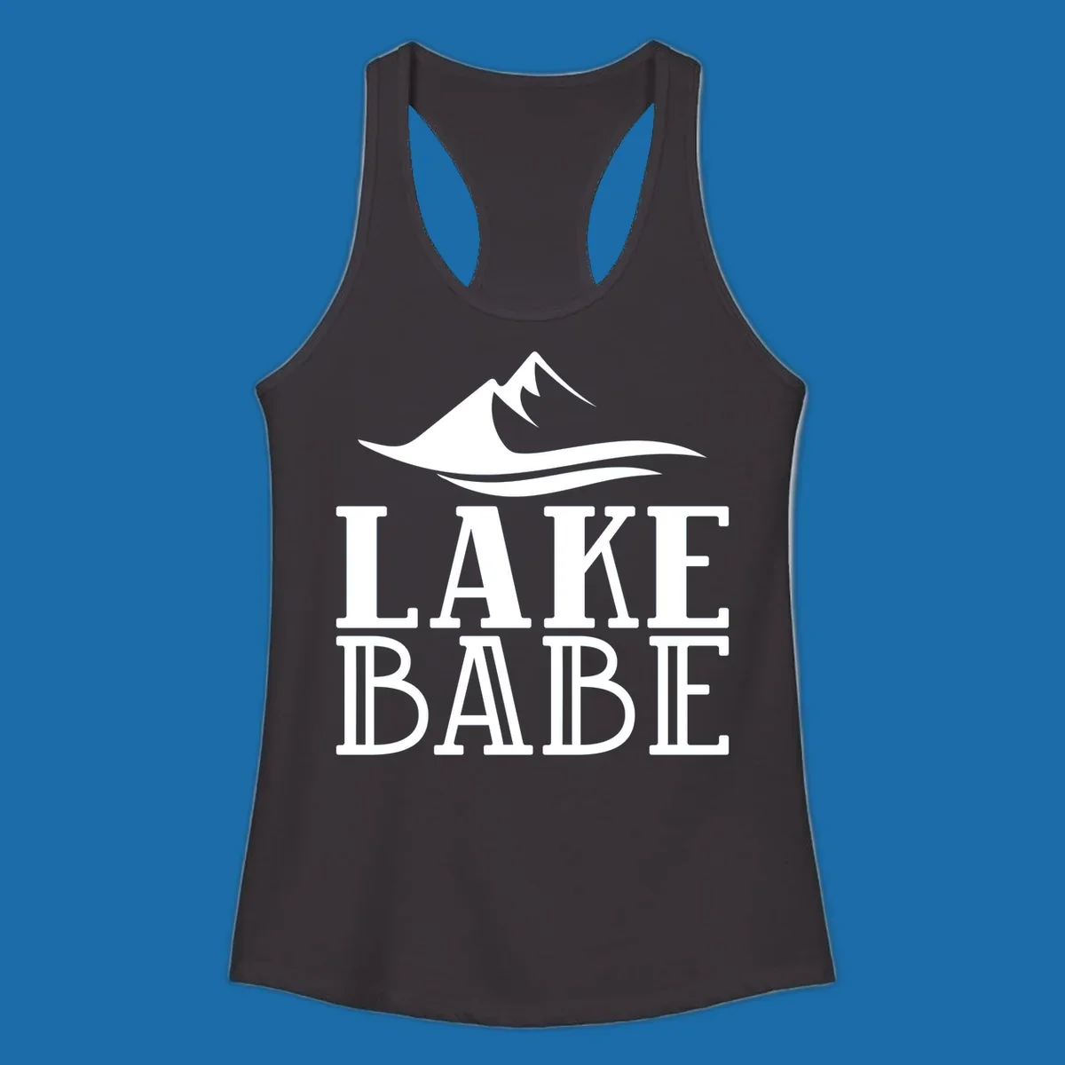 Lake Babe mountain wave graphic design with white text and illustration.