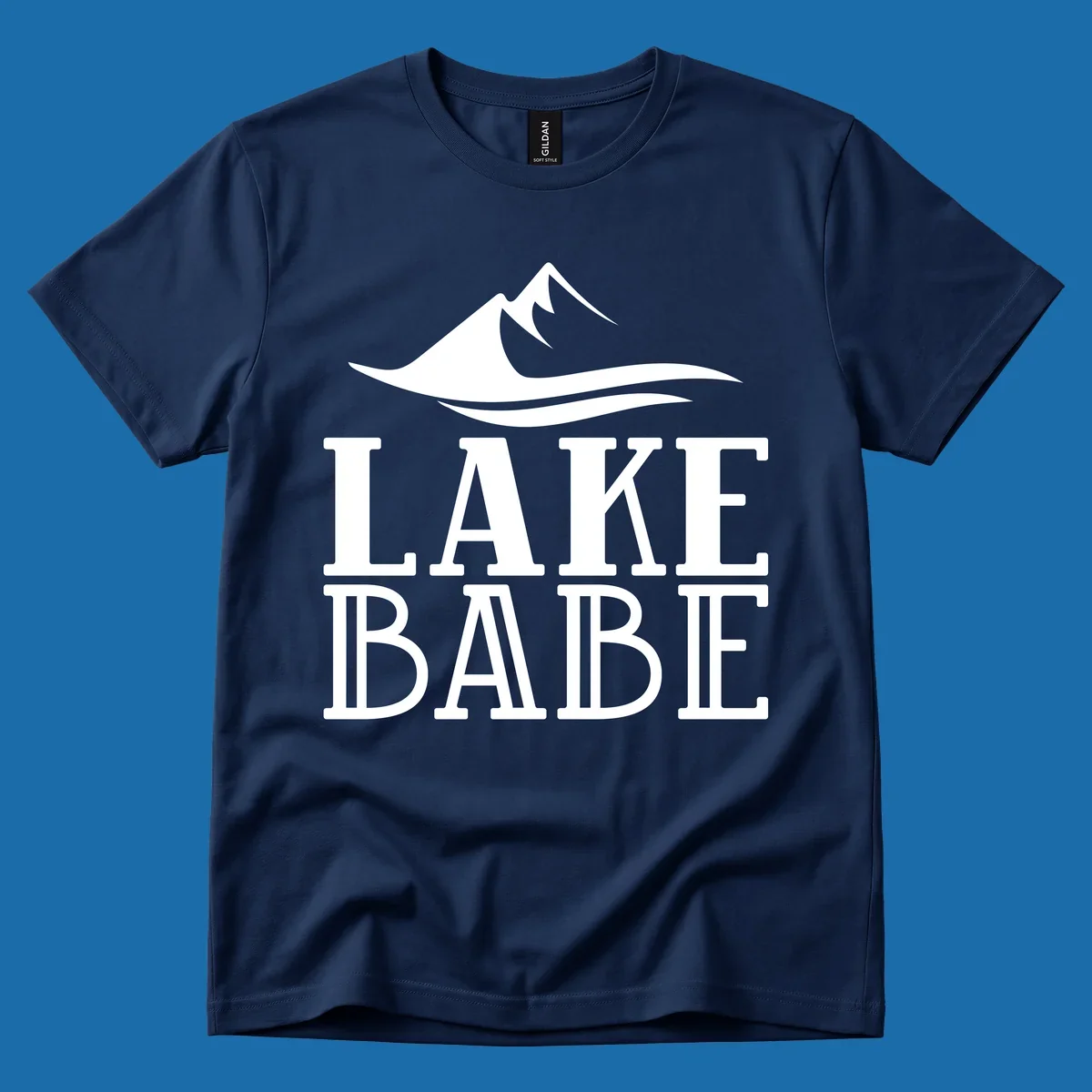 Lake Babe mountain wave graphic design with white text and illustration.