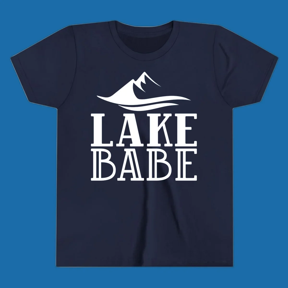 Lake Babe mountain wave graphic design with white text and illustration.
