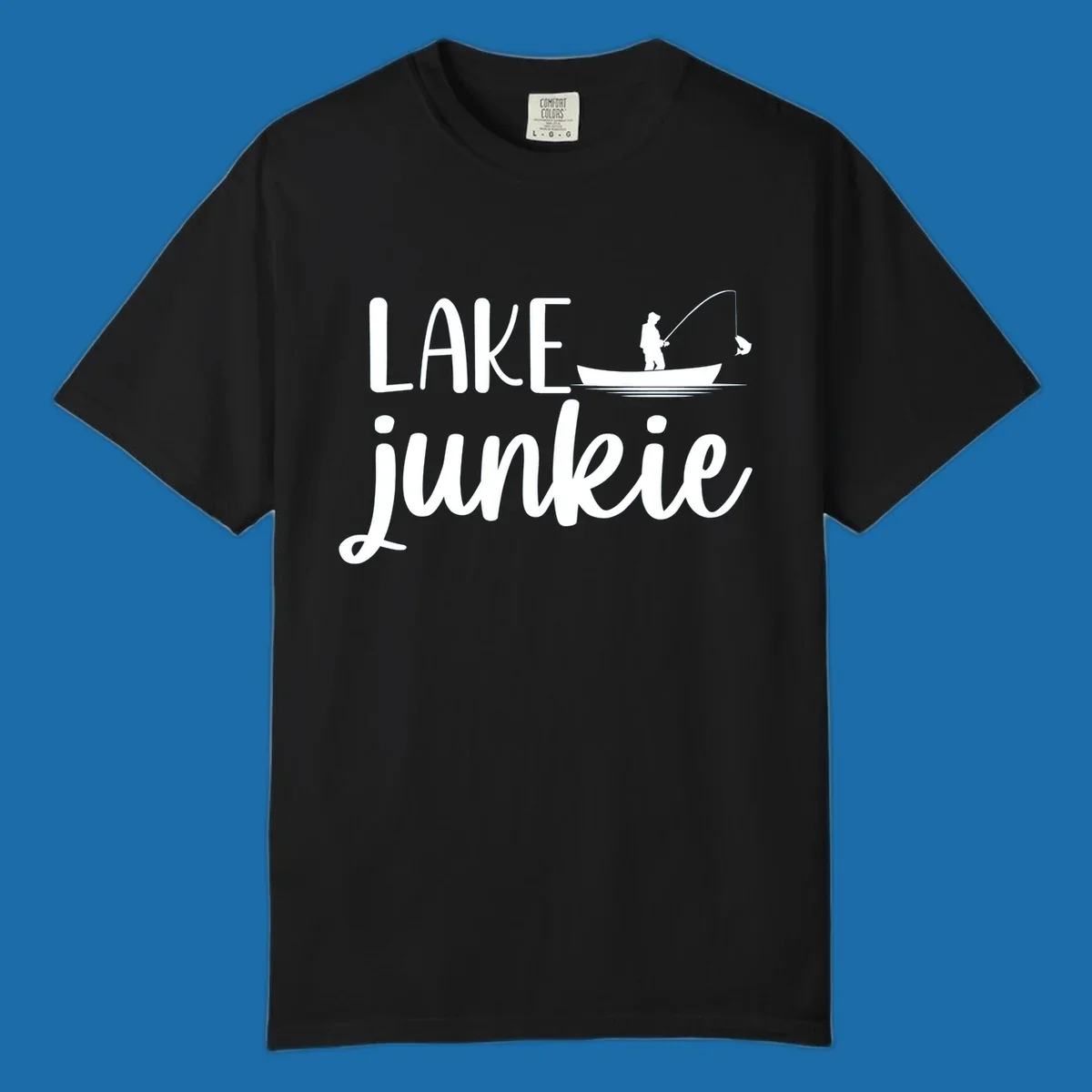 Lake Junkie Fishing Lifestyle Design with text and fisherman silhouette. 