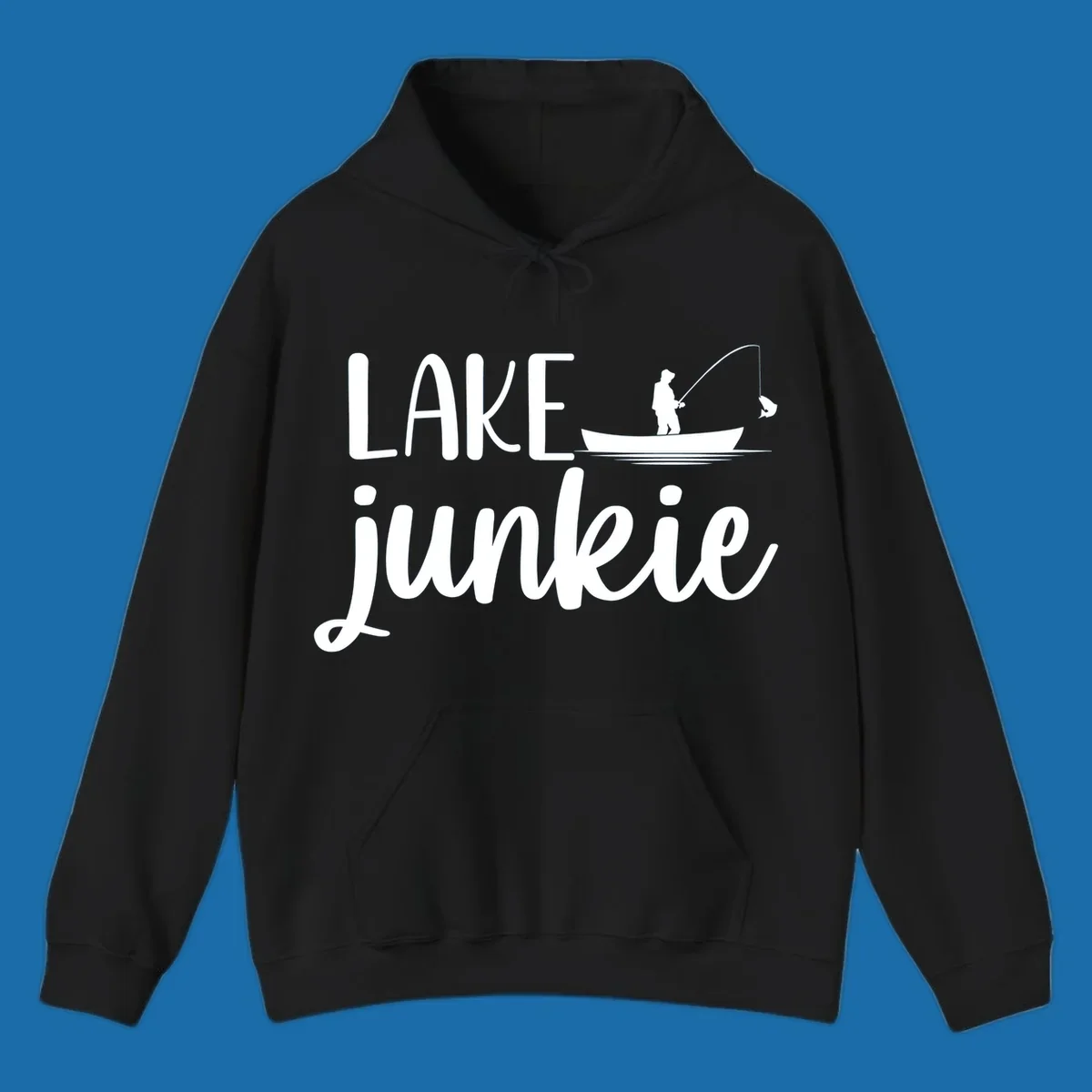 Lake Junkie Fishing Lifestyle Design with text and fisherman silhouette. 