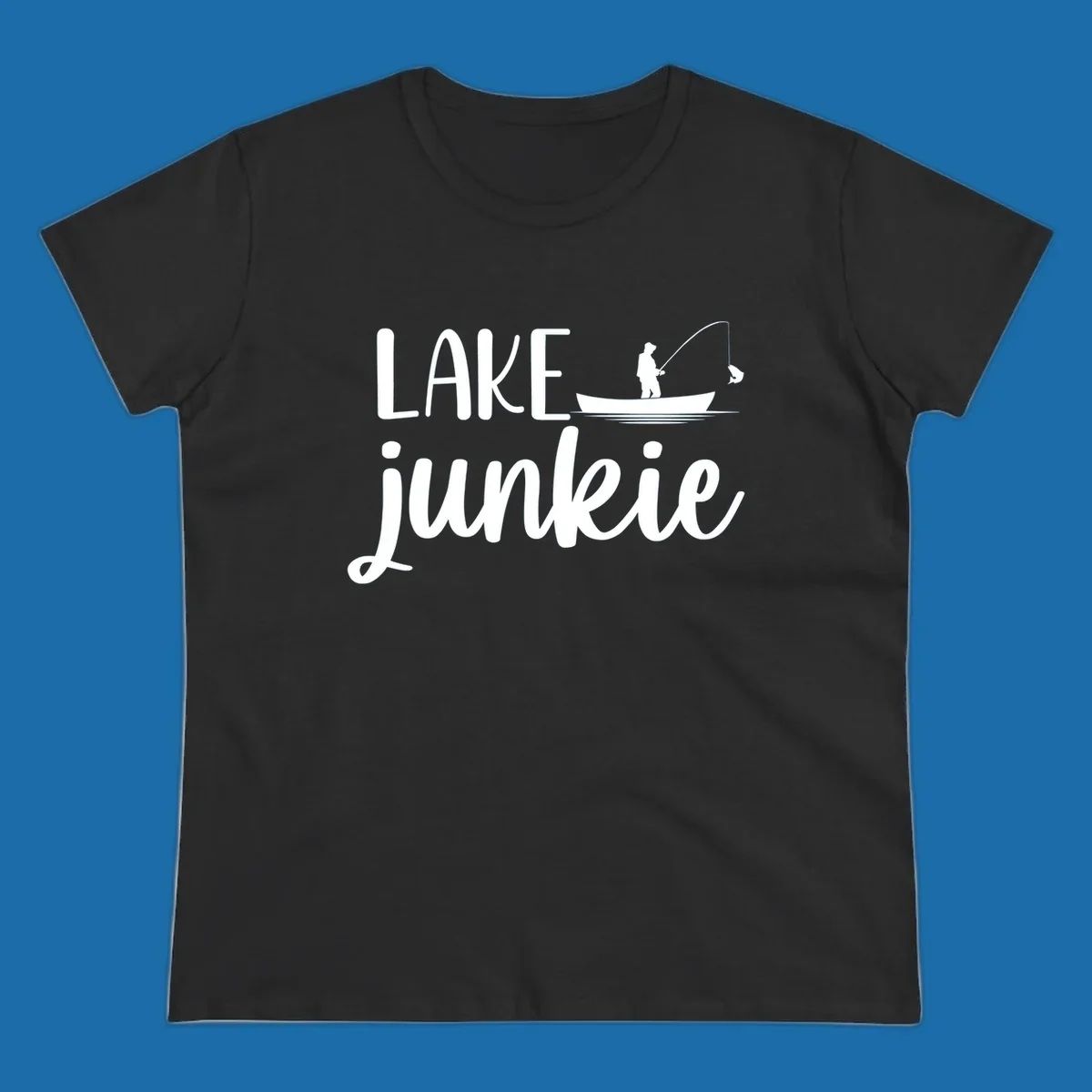 Lake Junkie Fishing Lifestyle Design with text and fisherman silhouette. 