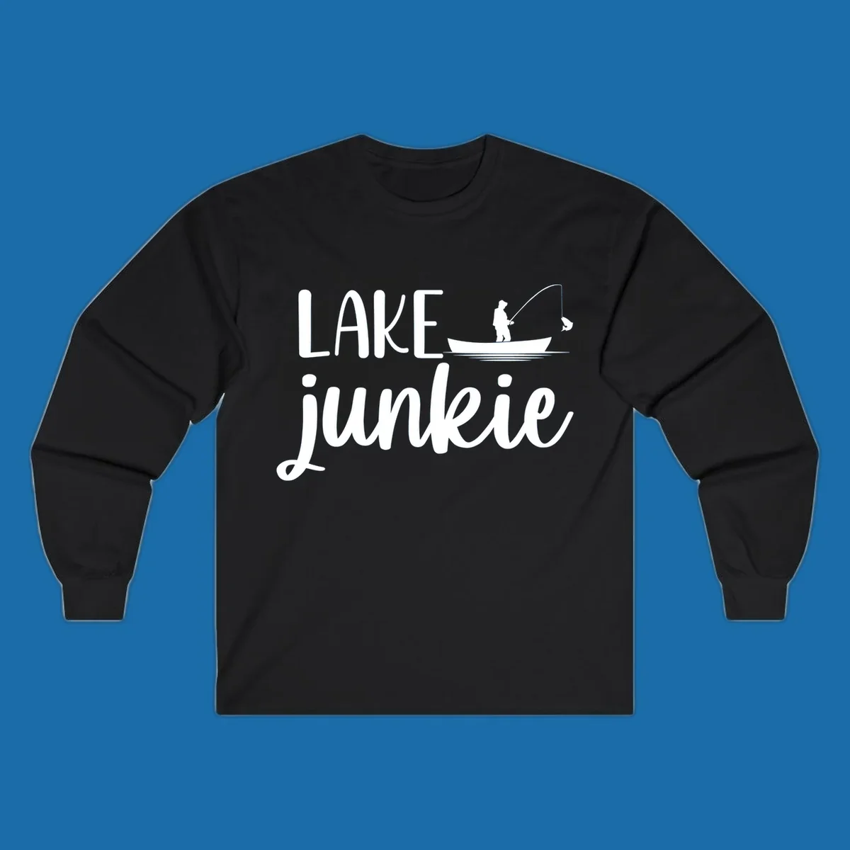 Lake Junkie Fishing Lifestyle Design with text and fisherman silhouette. 