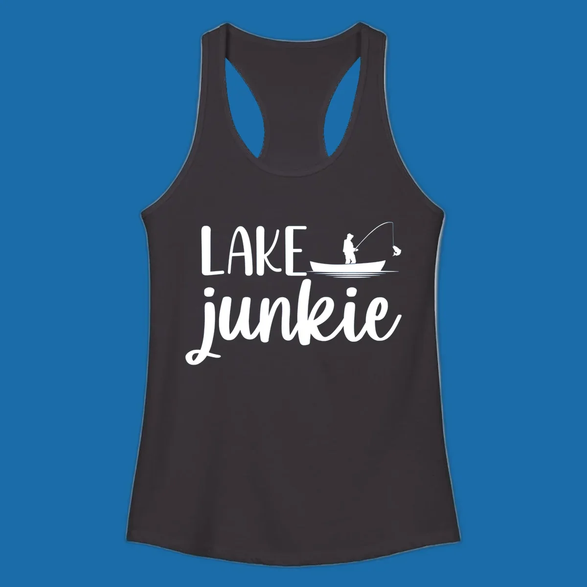 Lake Junkie Fishing Lifestyle Design with text and fisherman silhouette. 