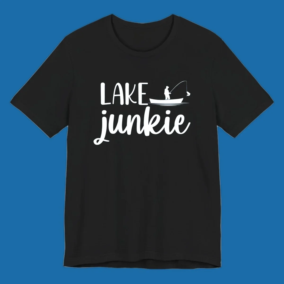 Lake Junkie Fishing Lifestyle Design with text and fisherman silhouette. 