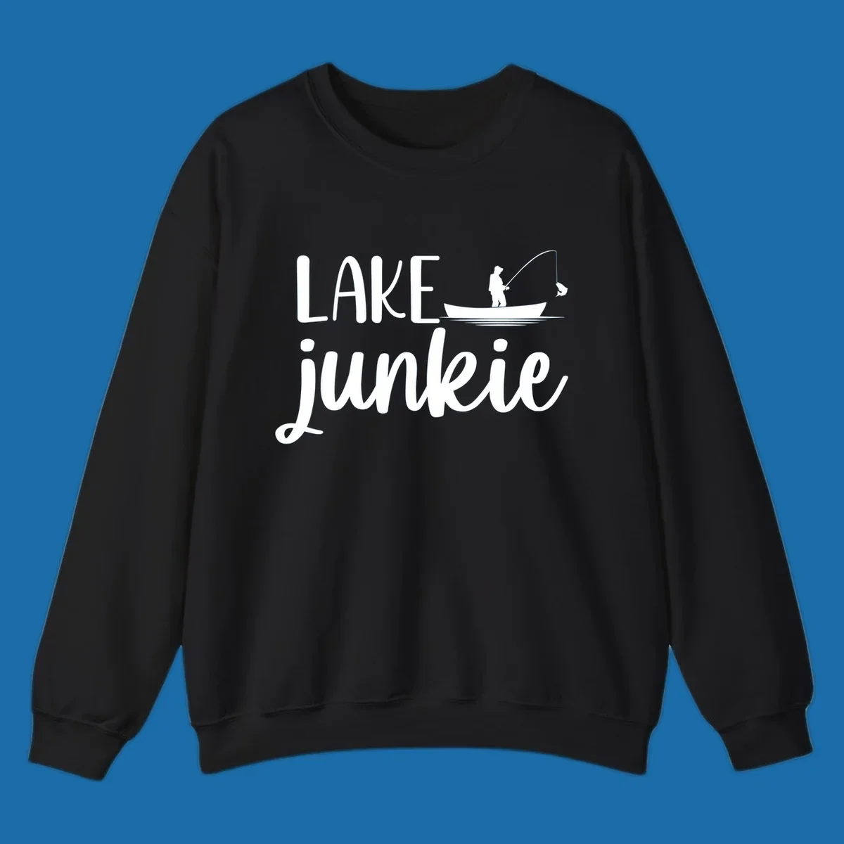 Lake Junkie Fishing Lifestyle Design with text and fisherman silhouette. 