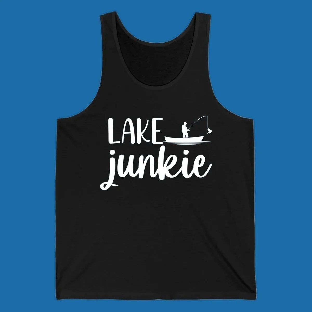 Lake Junkie Fishing Lifestyle Design with text and fisherman silhouette. 