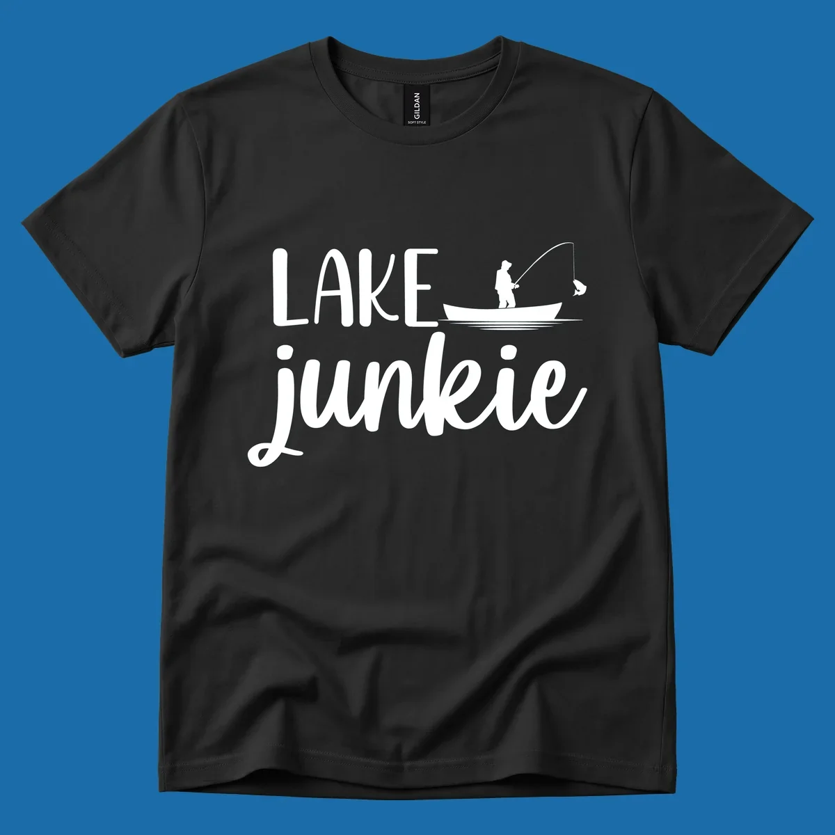 Lake Junkie Fishing Lifestyle Design with text and fisherman silhouette. 
