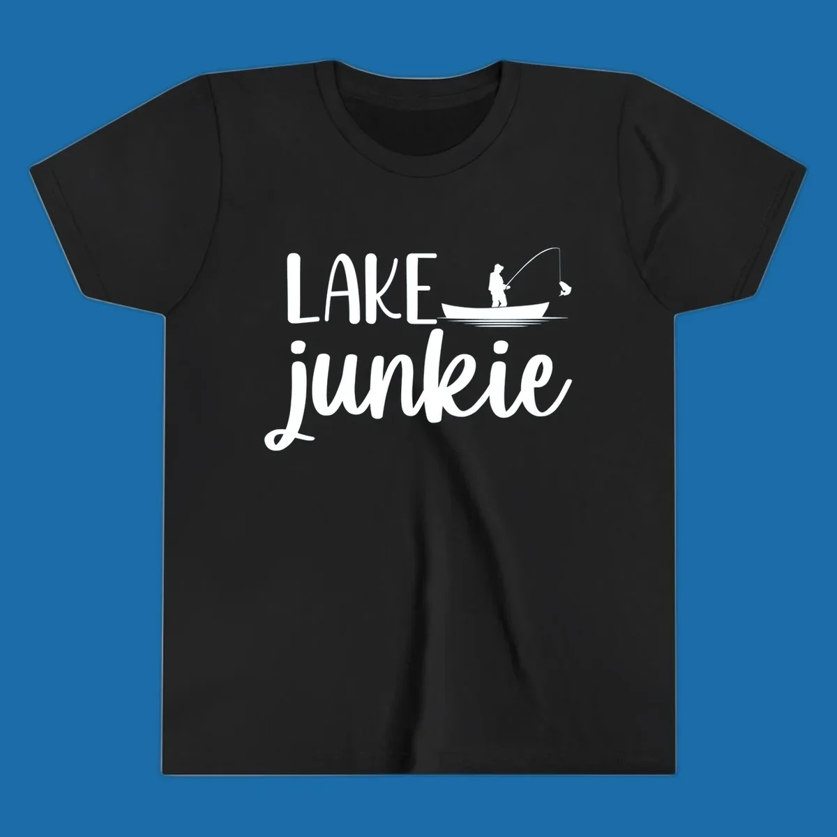 Lake Junkie Fishing Lifestyle Design with text and fisherman silhouette. 