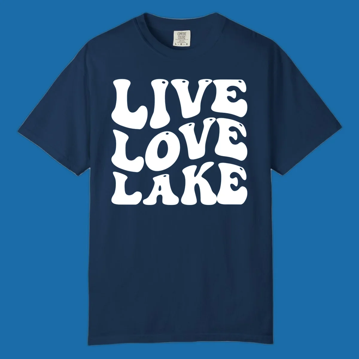 Live Love Lake text in retro bubble font, white on black and black on white.