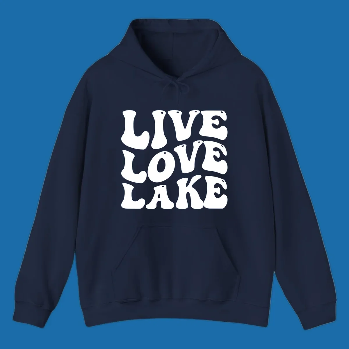 Live Love Lake text in retro bubble font, white on black and black on white.