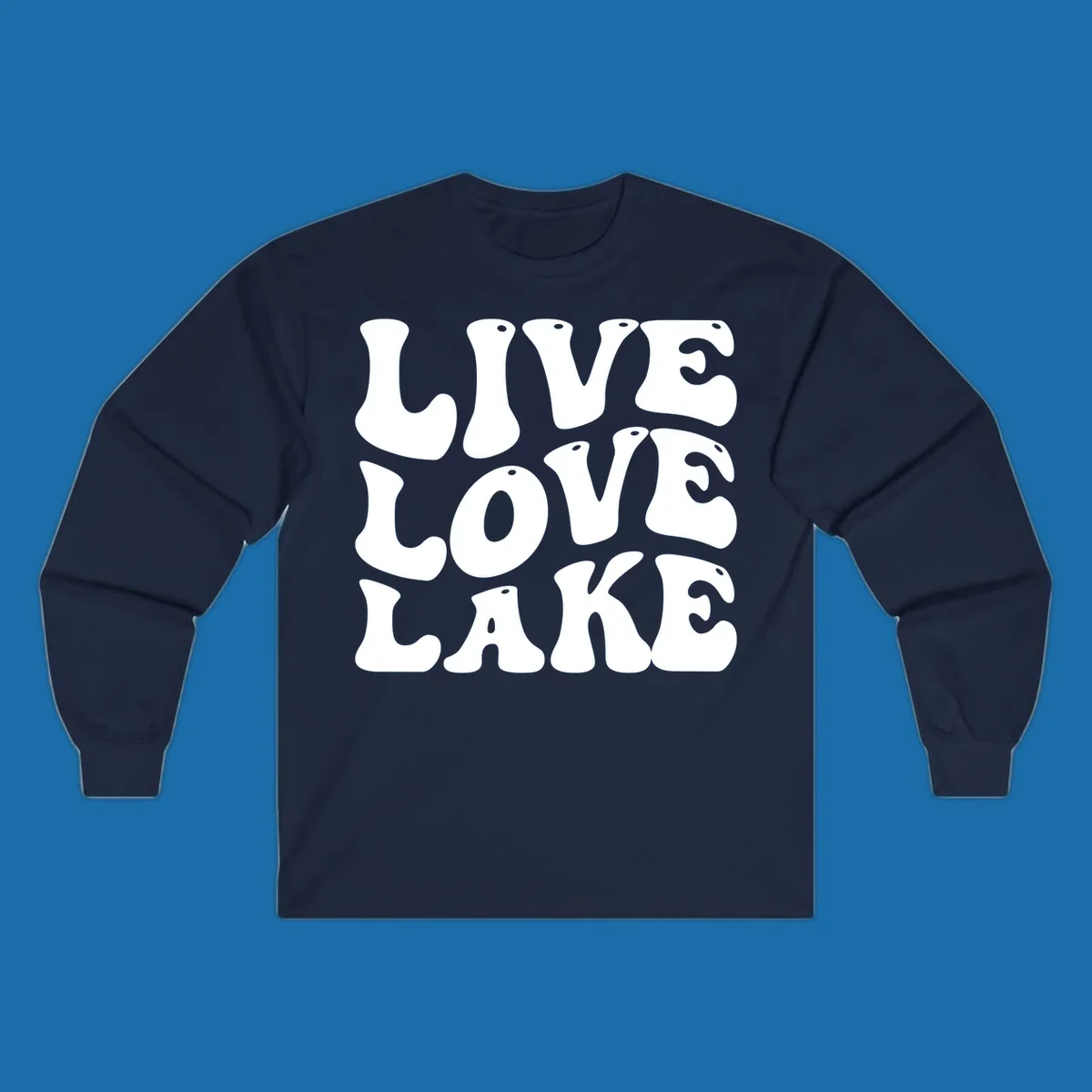 Live Love Lake text in retro bubble font, white on black and black on white.