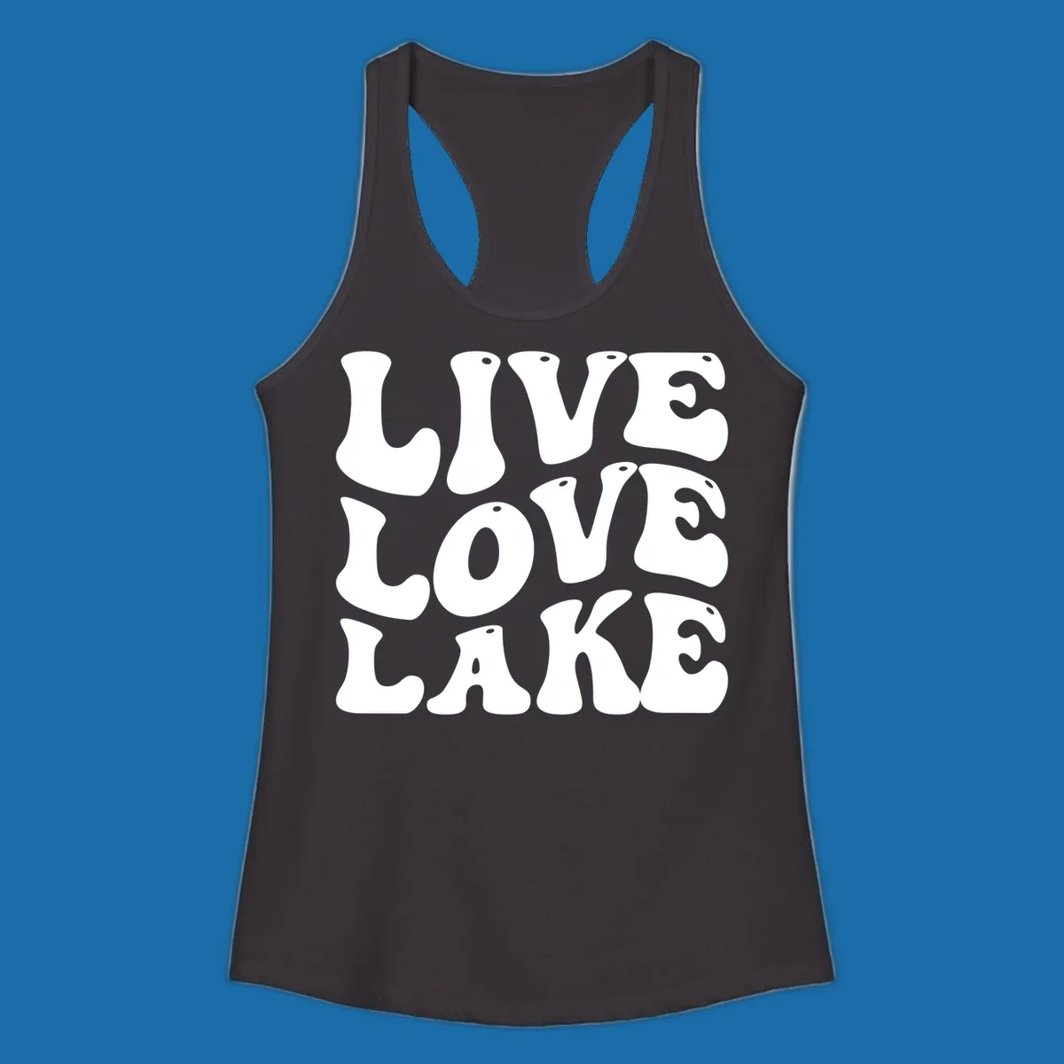 Live Love Lake text in retro bubble font, white on black and black on white.