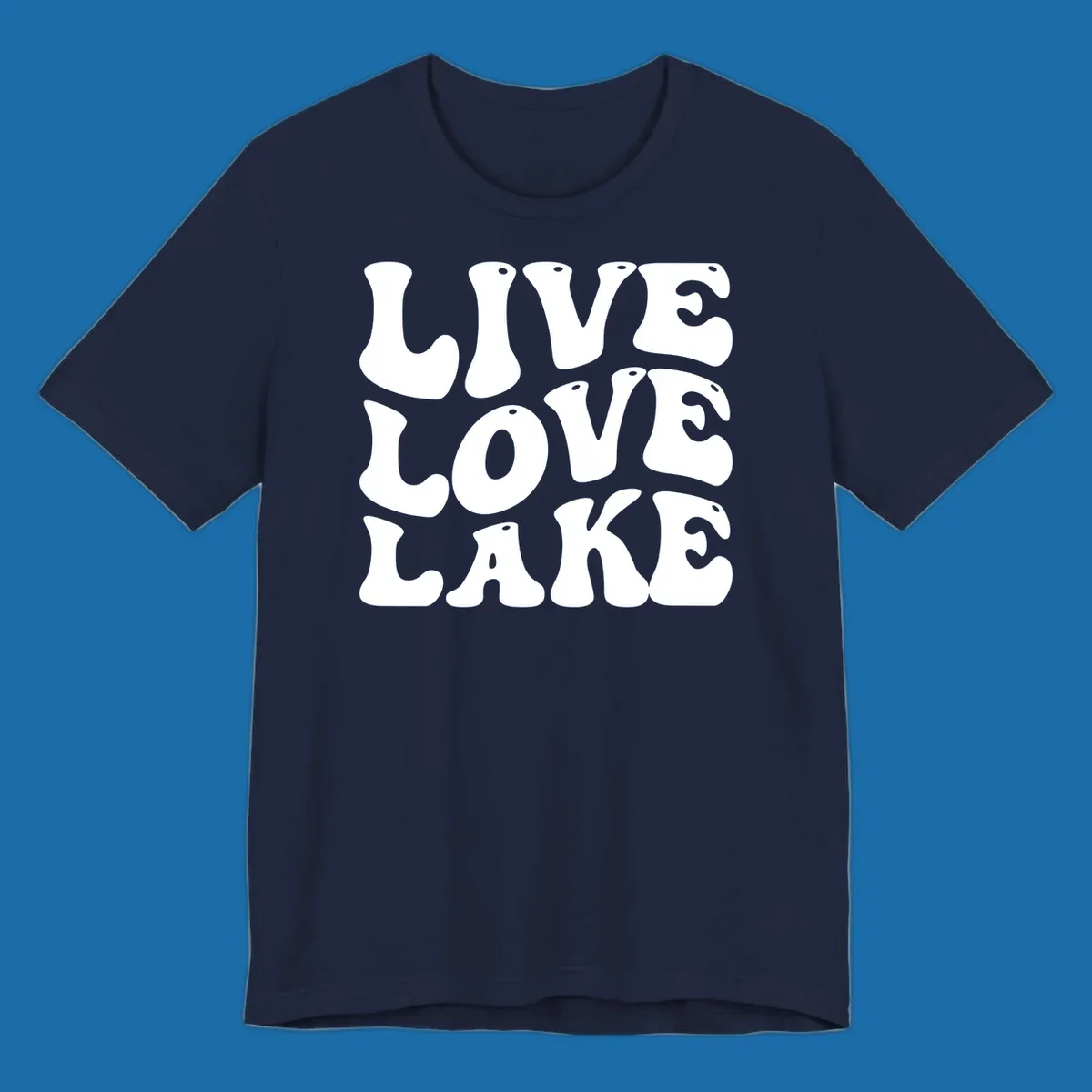 Live Love Lake text in retro bubble font, white on black and black on white.