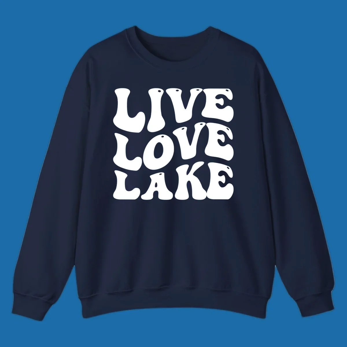 Live Love Lake text in retro bubble font, white on black and black on white.