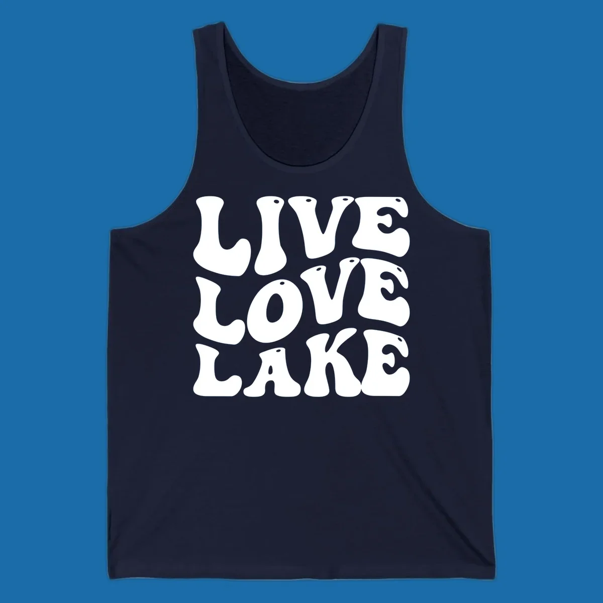 Live Love Lake text in retro bubble font, white on black and black on white.