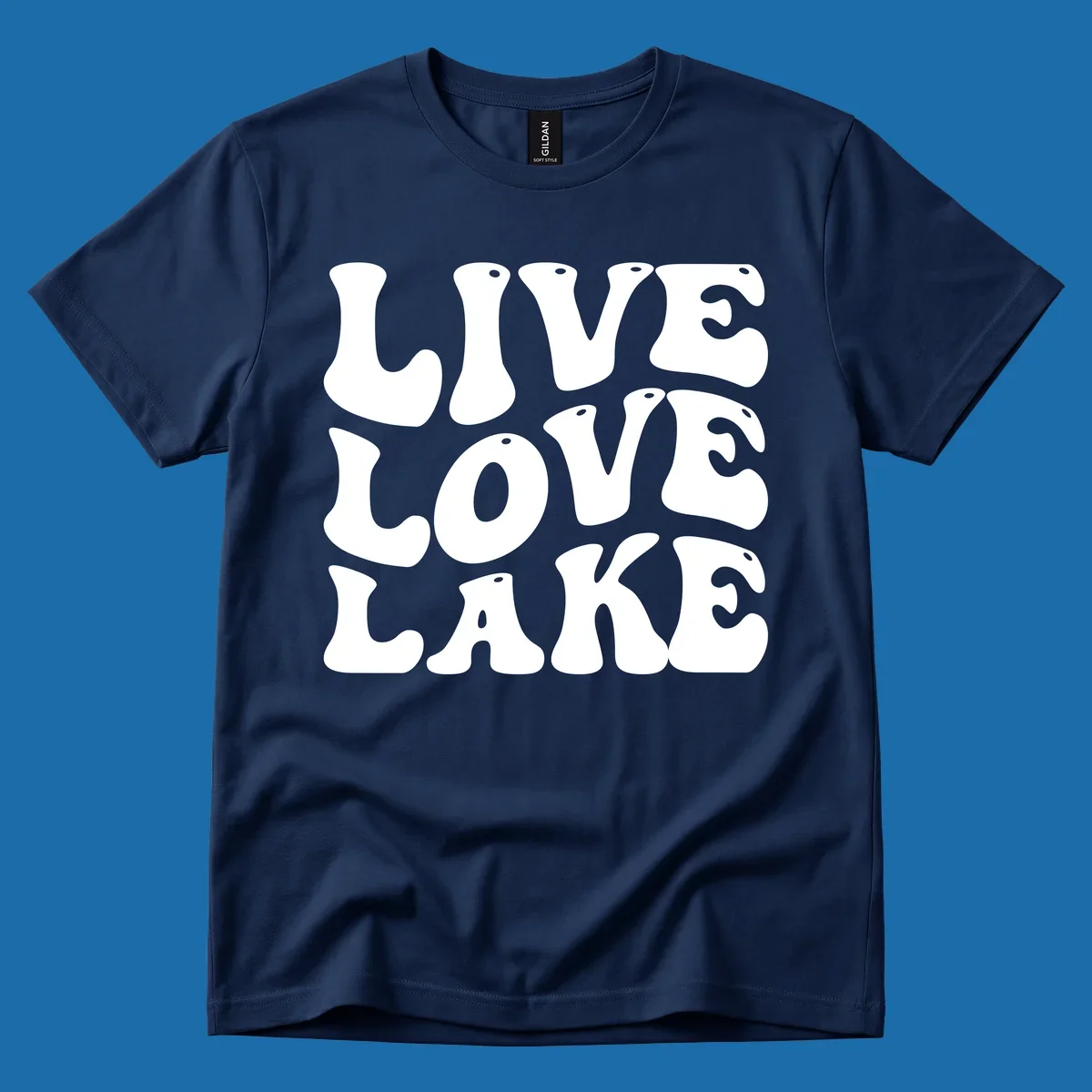 Live Love Lake text in retro bubble font, white on black and black on white.