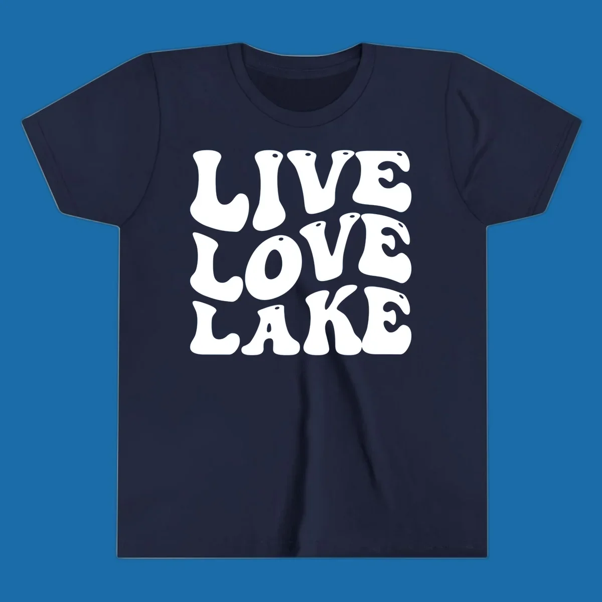 Live Love Lake text in retro bubble font, white on black and black on white.